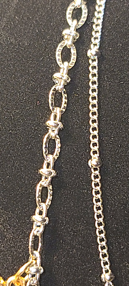 Two Layer Stainless Steel Necklace with Gold & Silver Tone Heart & Clover Charms
