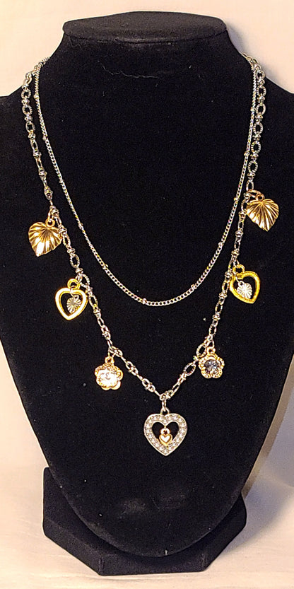 Two Layer Stainless Steel Necklace with Gold & Silver Tone Heart & Clover Charms