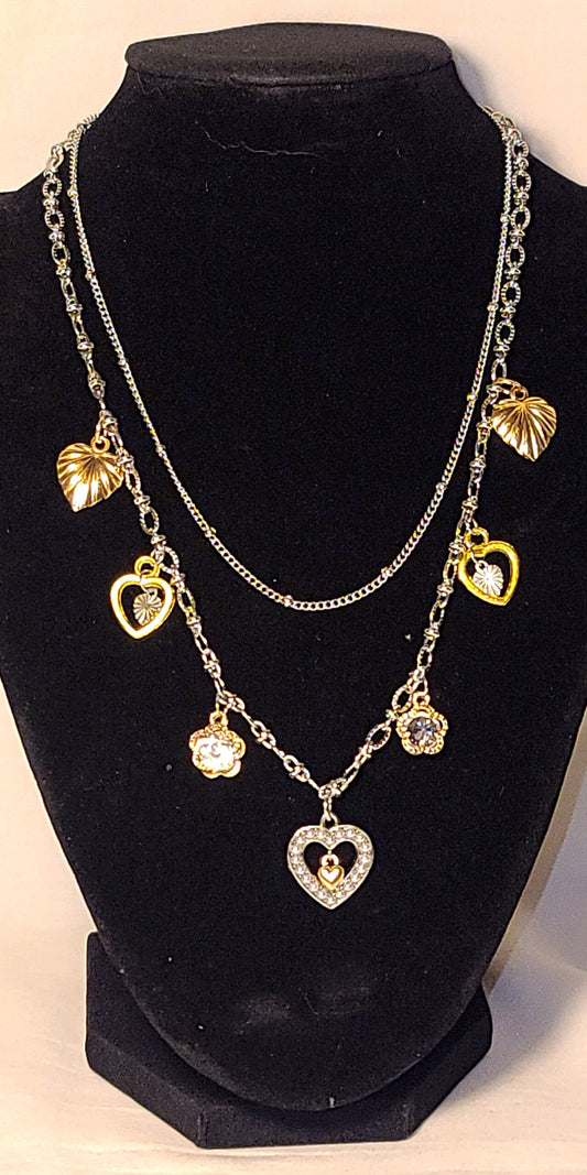 Two Layer Stainless Steel Necklace with Gold & Silver Tone Heart & Clover Charms