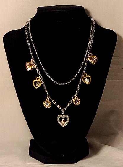 Two Layer Stainless Steel Necklace with Gold & Silver Tone Heart & Clover Charms