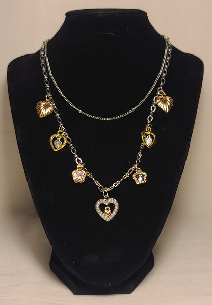 Two Layer Stainless Steel Necklace with Gold & Silver Tone Heart & Clover Charms