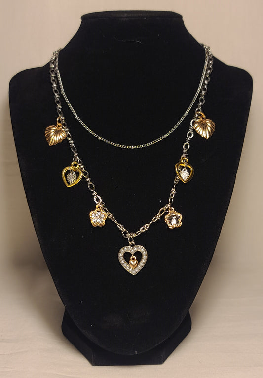 Two Layer Stainless Steel Necklace with Gold & Silver Tone Heart & Clover Charms