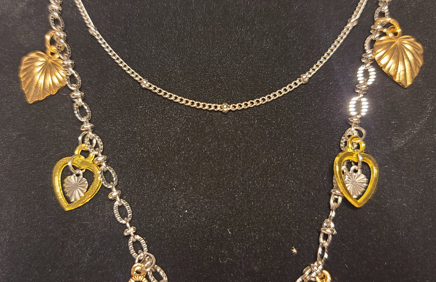 Two Layer Stainless Steel Necklace with Gold & Silver Tone Heart & Clover Charms