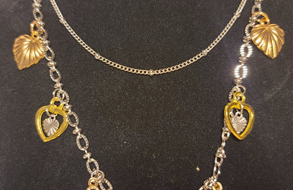 Two Layer Stainless Steel Necklace with Gold & Silver Tone Heart & Clover Charms