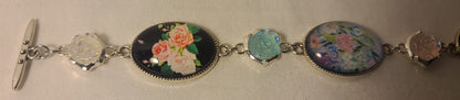 Elegant Floral Cabochon Bracelet with Silver-Plated Frames