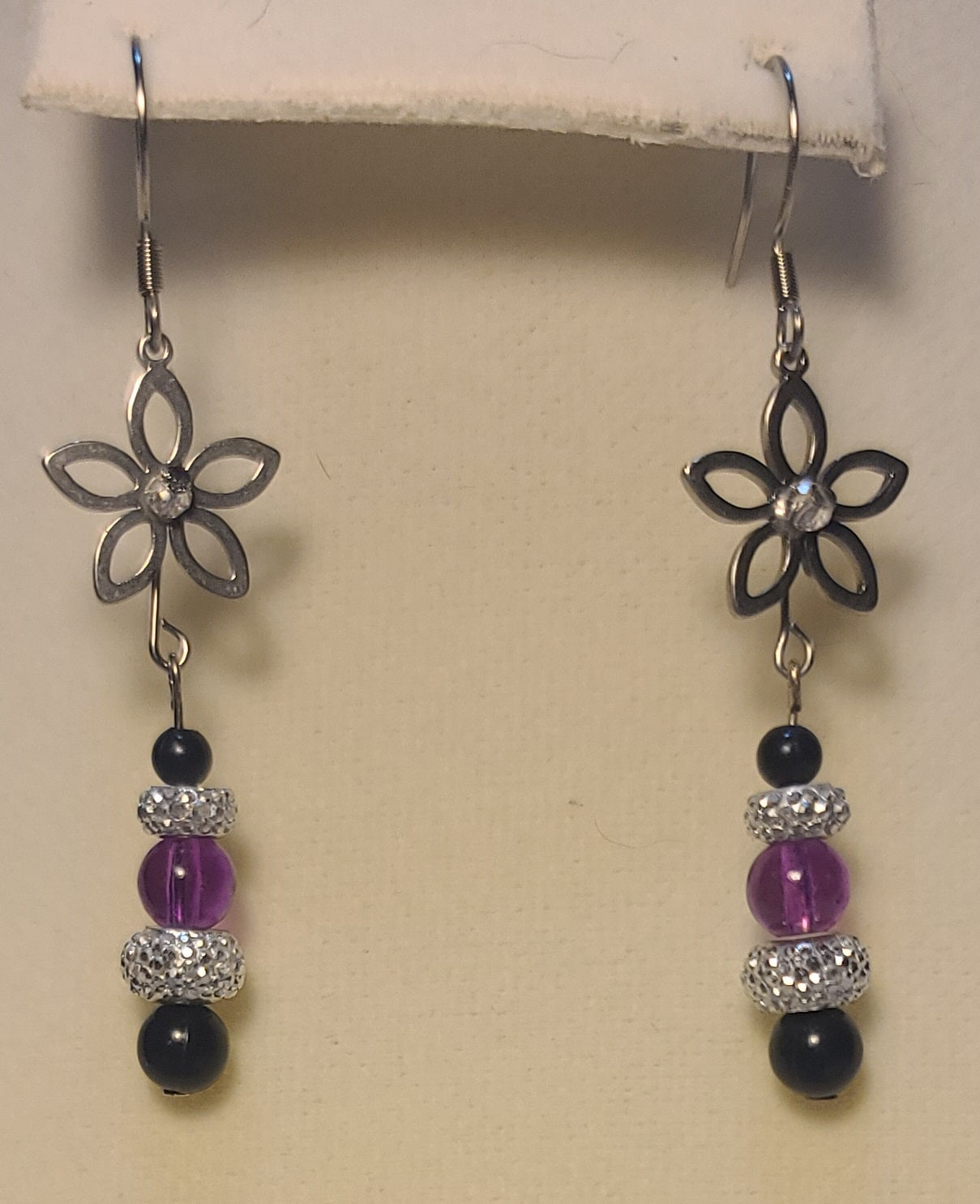 Elegant Floral Drop Necklace Set, Stainless Chain, Purple Beads, Black Accents, 3 Piece Set