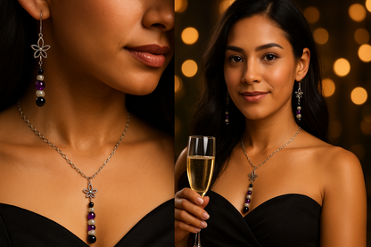 Elegant Floral Drop Necklace Set, Stainless Chain, Purple Beads, Black Accents, 3 Piece Set