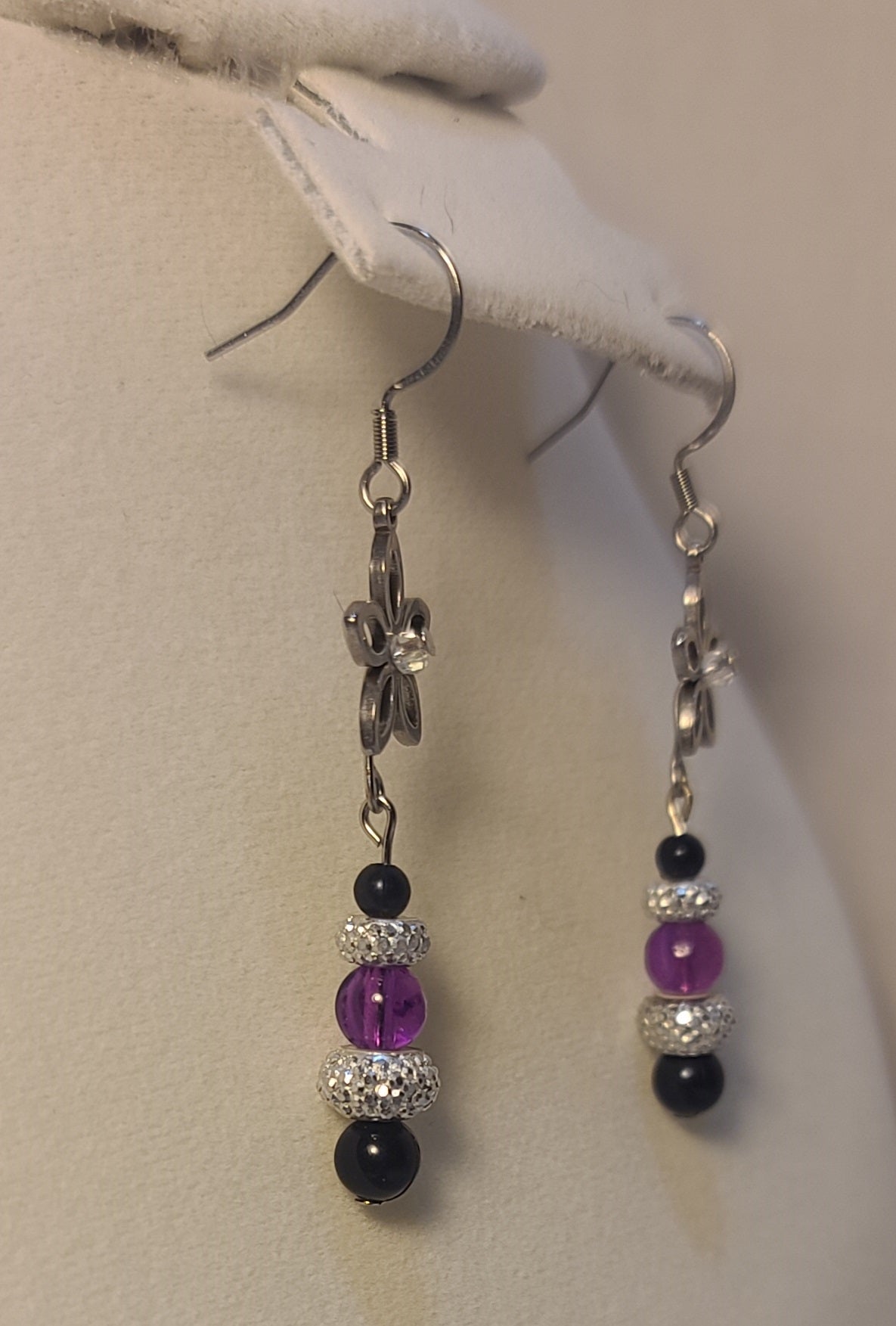 Elegant Floral Drop Necklace Set, Stainless Chain, Purple Beads, Black Accents, 3 Piece Set