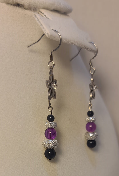 Elegant Floral Drop Necklace Set, Stainless Chain, Purple Beads, Black Accents, 3 Piece Set