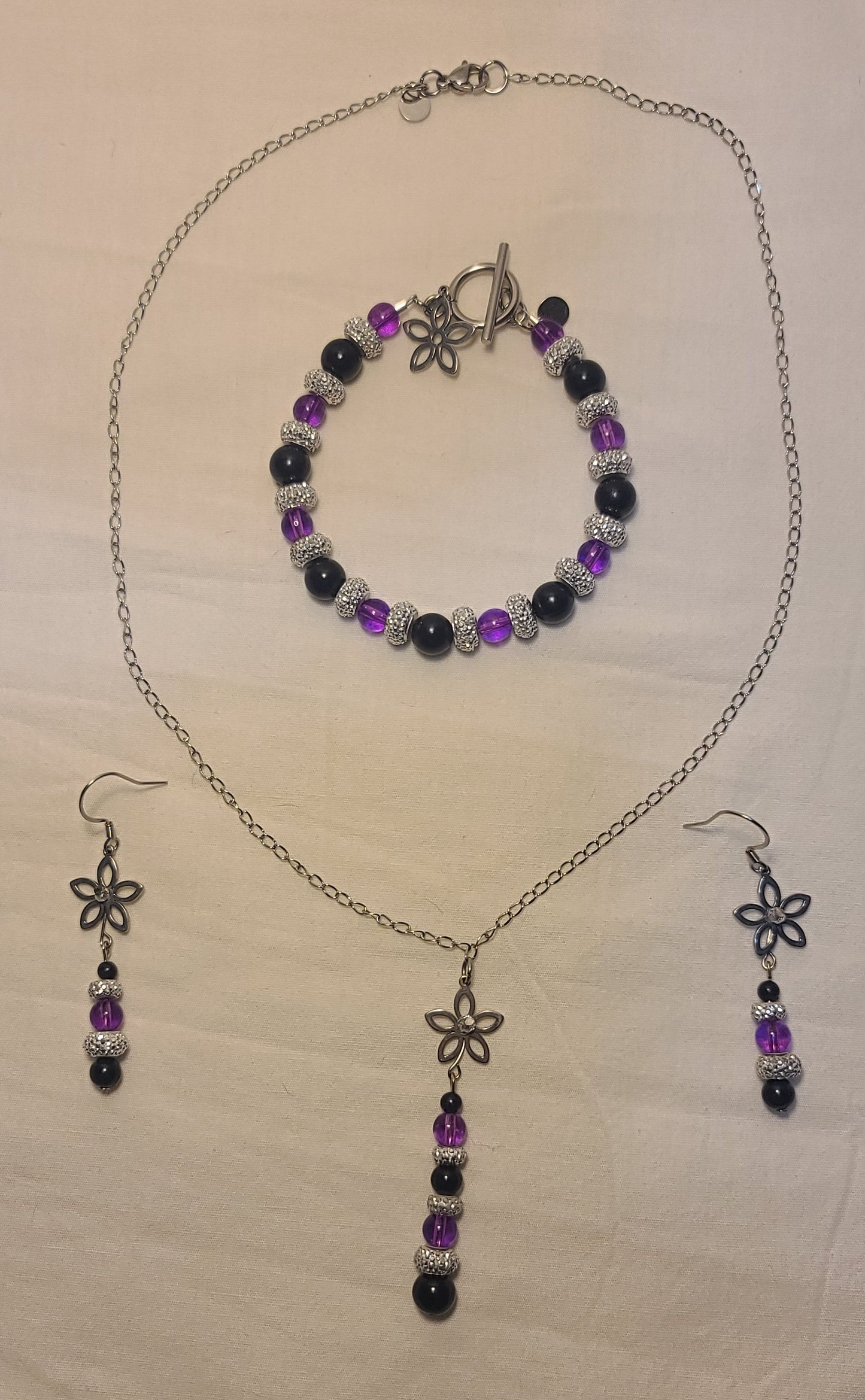 Elegant Floral Drop Necklace Set, Stainless Chain, Purple Beads, Black Accents, 3 Piece Set