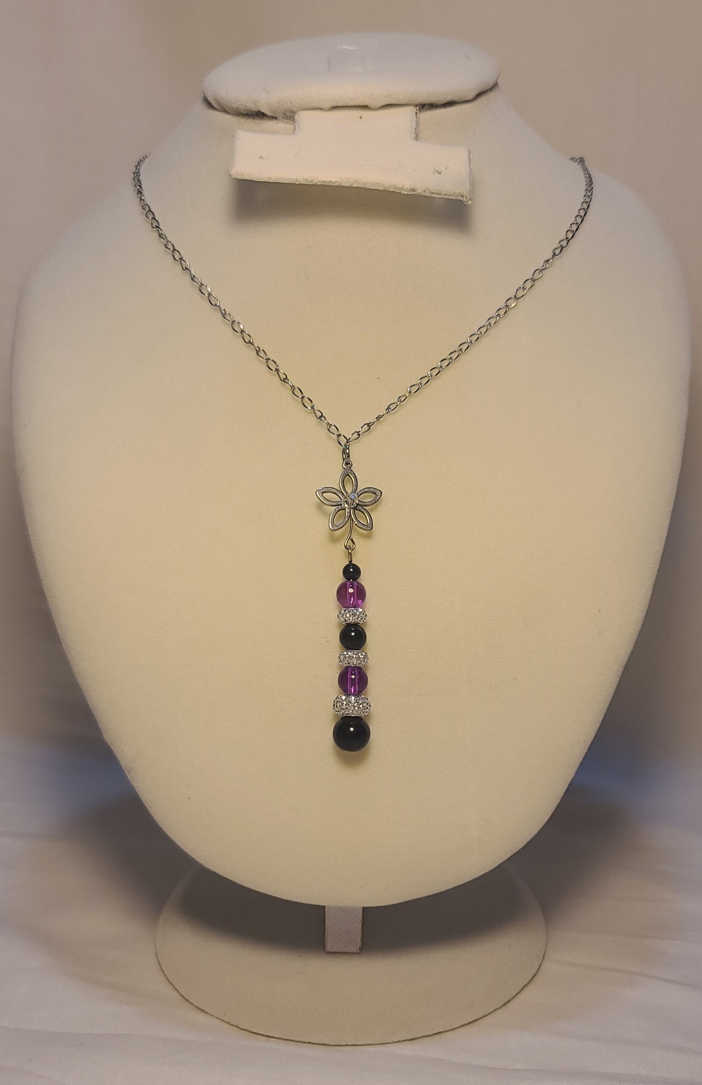Elegant Floral Drop Necklace Set, Stainless Chain, Purple Beads, Black Accents, 3 Piece Set