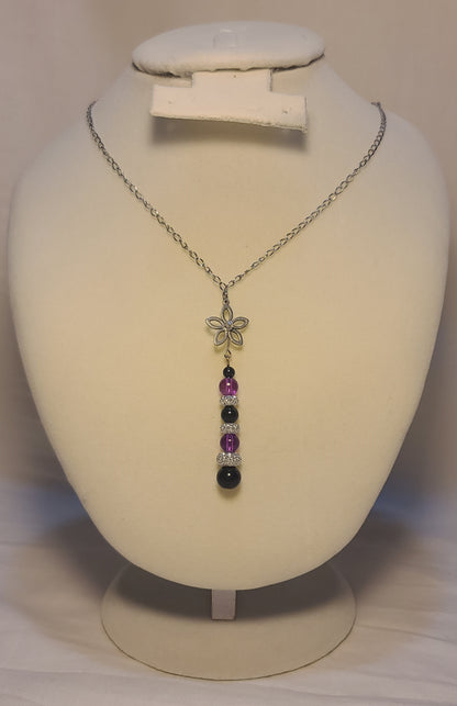 Elegant Floral Drop Necklace Set, Stainless Chain, Purple Beads, Black Accents, 3 Piece Set
