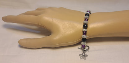 Elegant Floral Drop Necklace Set, Stainless Chain, Purple Beads, Black Accents, 3 Piece Set