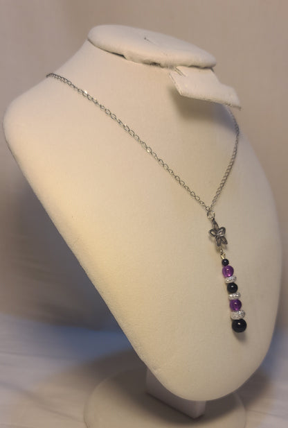 Elegant Floral Drop Necklace Set, Stainless Chain, Purple Beads, Black Accents, 3 Piece Set