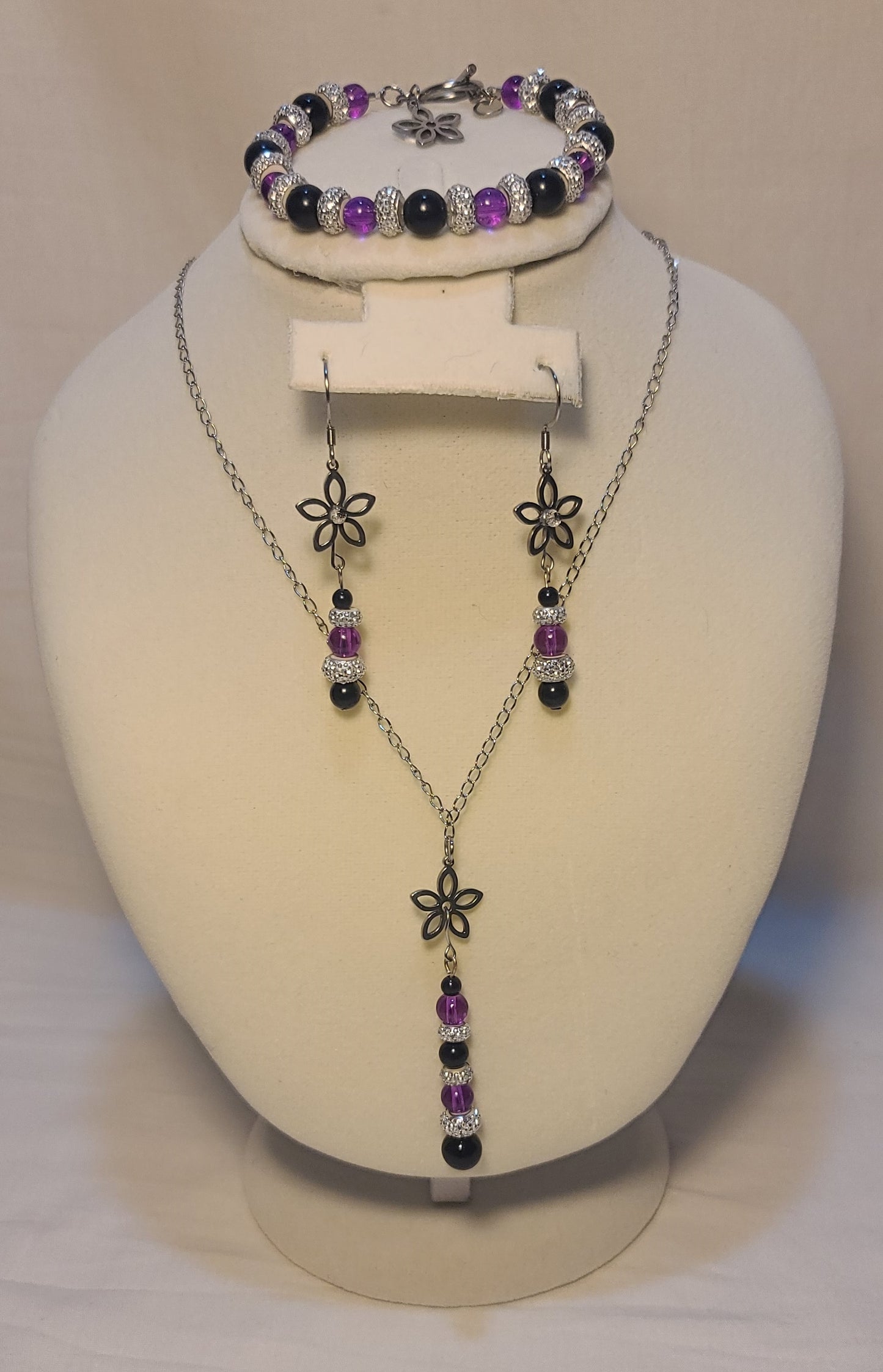 Elegant Floral Drop Necklace Set, Stainless Chain, Purple Beads, Black Accents, 3 Piece Set