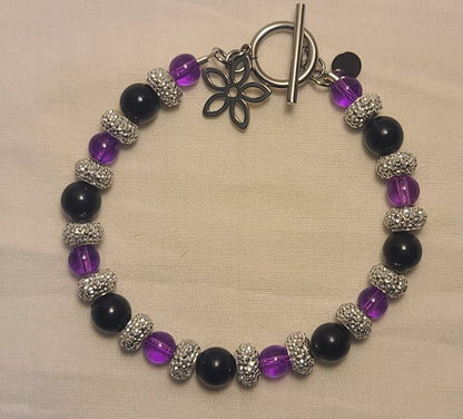 Elegant Floral Drop Necklace Set, Stainless Chain, Purple Beads, Black Accents, 3 Piece Set