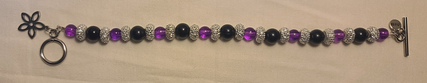 Elegant Floral Drop Necklace Set, Stainless Chain, Purple Beads, Black Accents, 3 Piece Set