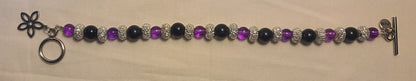 Elegant Floral Drop Necklace Set, Stainless Chain, Purple Beads, Black Accents, 3 Piece Set