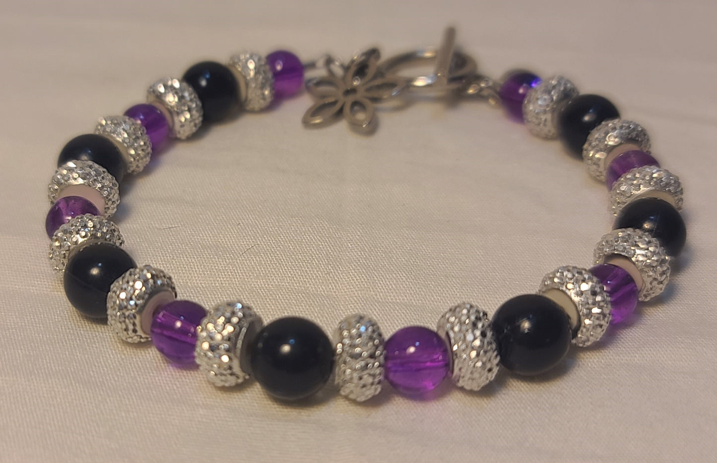 Elegant Floral Drop Necklace Set, Stainless Chain, Purple Beads, Black Accents, 3 Piece Set