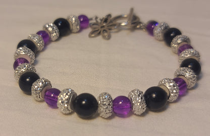 Elegant Floral Drop Necklace Set, Stainless Chain, Purple Beads, Black Accents, 3 Piece Set