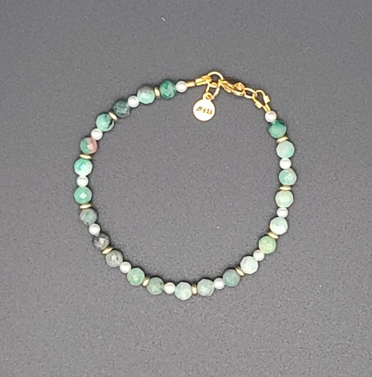 Faceted Natural Emerald & Shell Pearl 7.25" Dainty Bracelet