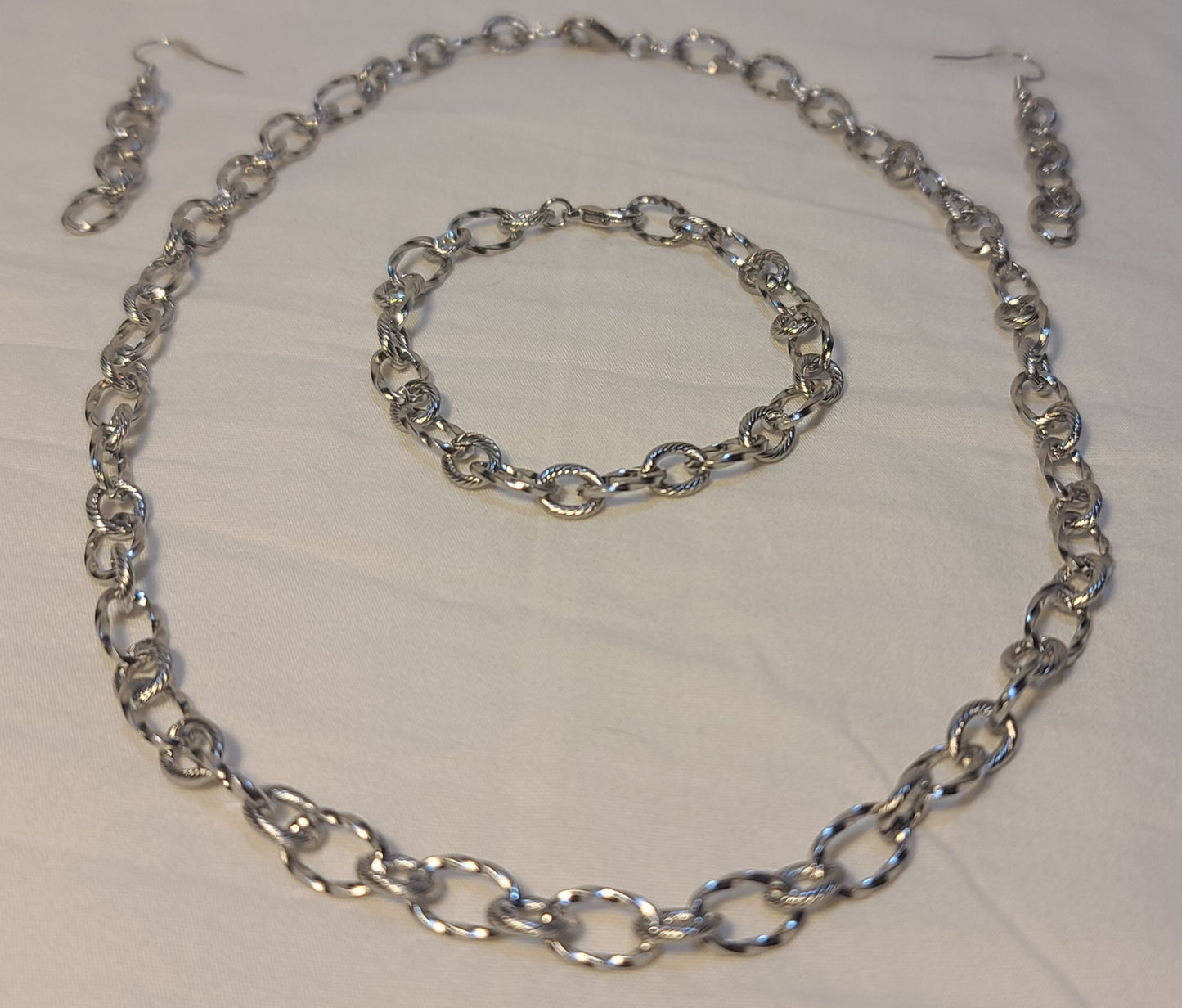 Everyday Silver-Tone Stainless Steel Textured Link Set, Necklace, Bracelet, Earrings