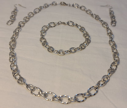 Everyday Silver-Tone Stainless Steel Textured Link Set, Necklace, Bracelet, Earrings