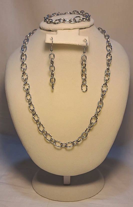 Everyday Silver-Tone Stainless Steel Textured Link Set, Necklace, Bracelet, Earrings
