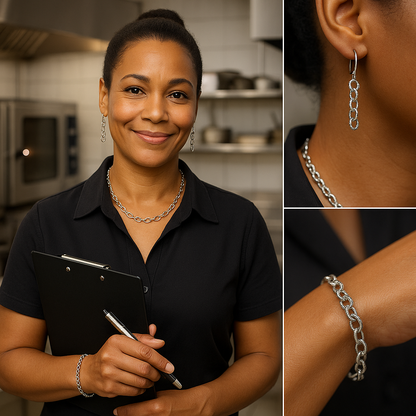Everyday Silver-Tone Stainless Steel Textured Link Set, Necklace, Bracelet, Earrings