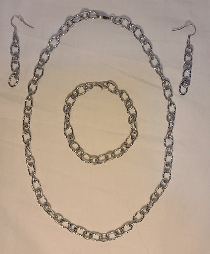 Everyday Silver-Tone Stainless Steel Textured Link Set, Necklace, Bracelet, Earrings