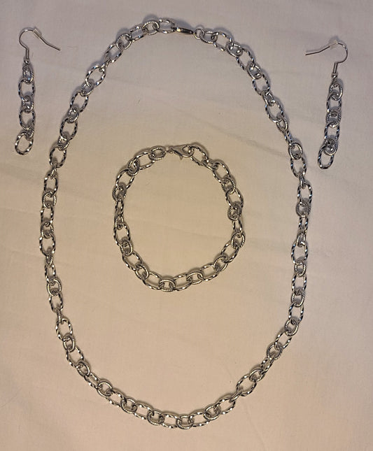 Everyday Silver-Tone Stainless Steel Textured Link Set, Necklace, Bracelet, Earrings