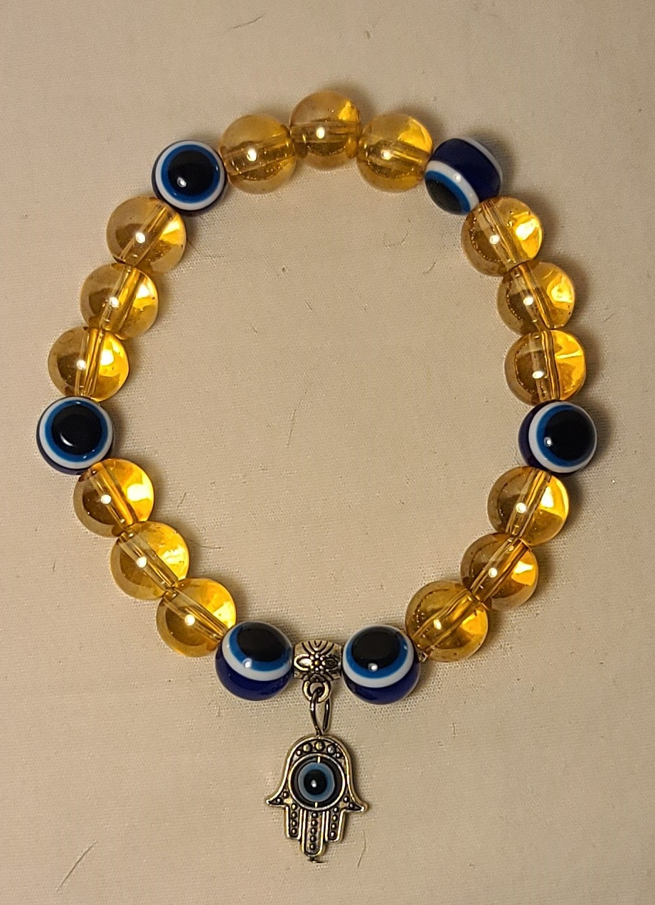 Evil Eye Stretch Bracelet – Hamsa Hand Charm, Amber Glass Beads, Protection Jewelry