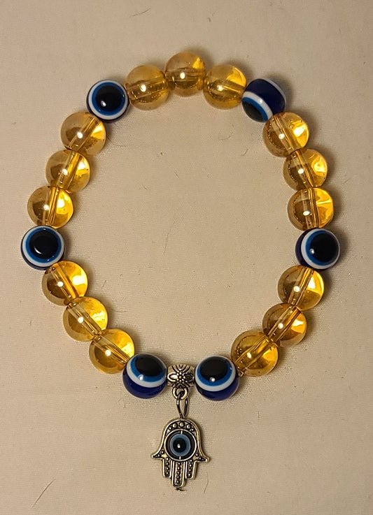 Evil Eye Stretch Bracelet – Hamsa Hand Charm, Amber Glass Beads, Protection Jewelry