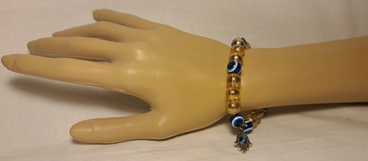 Evil Eye Stretch Bracelet – Hamsa Hand Charm, Amber Glass Beads, Protection Jewelry