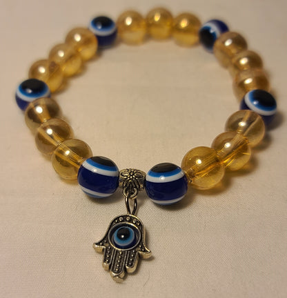 Evil Eye Stretch Bracelet – Hamsa Hand Charm, Amber Glass Beads, Protection Jewelry