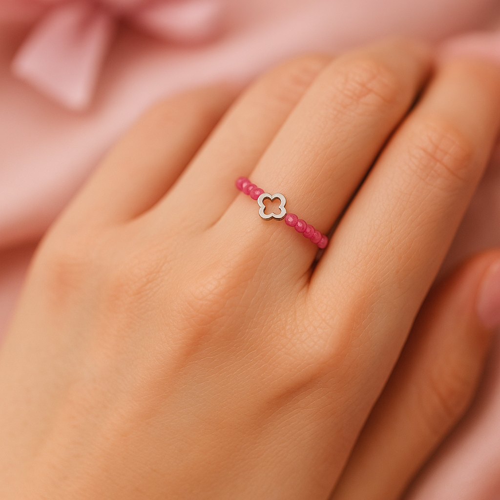 Faceted Pink Tourmaline with Stainless Steel Clover Stretch Fit Ring 7.5 – 10