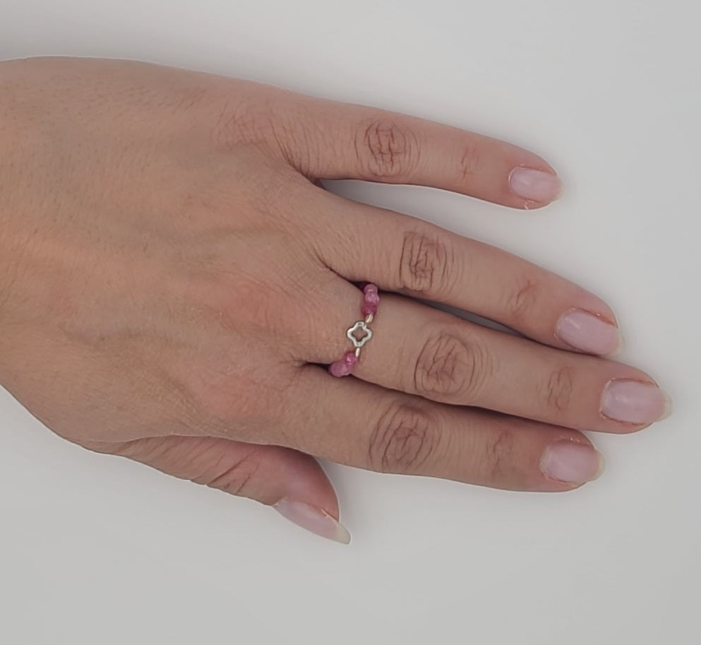 Faceted Pink Tourmaline with Stainless Steel Clover Stretch Fit Ring 7.5 – 10