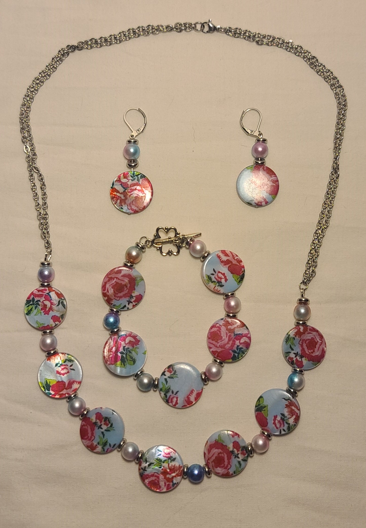 Floral Beaded Necklace, Bracelet, & Earring Set