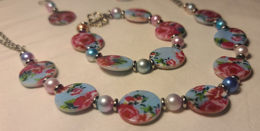 Floral Beaded Necklace, Bracelet, & Earring Set
