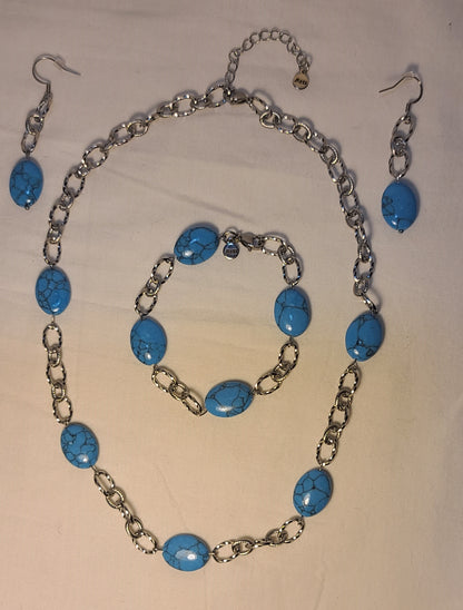 Glacier Blue Wagnerite Jewelry Set (Necklace, Bracelet & Earrings) Stainless Steel Textured Chain