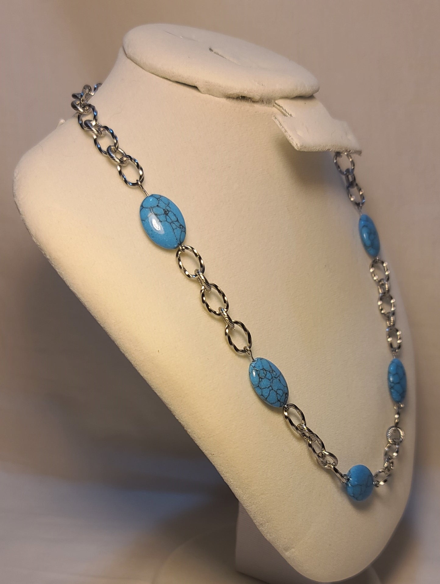 Glacier Blue Wagnerite Jewelry Set (Necklace, Bracelet & Earrings) Stainless Steel Textured Chain