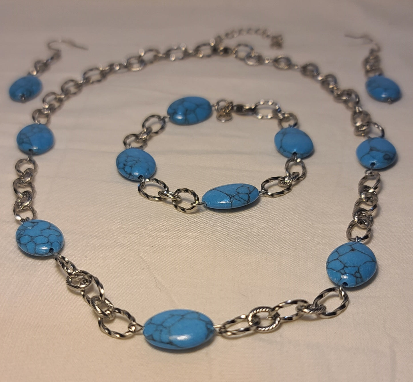 Glacier Blue Wagnerite Jewelry Set (Necklace, Bracelet & Earrings) Stainless Steel Textured Chain