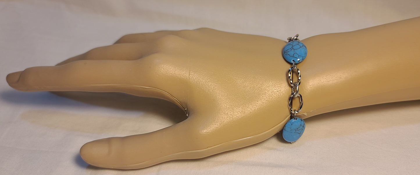 Glacier Blue Wagnerite Jewelry Set (Necklace, Bracelet & Earrings) Stainless Steel Textured Chain
