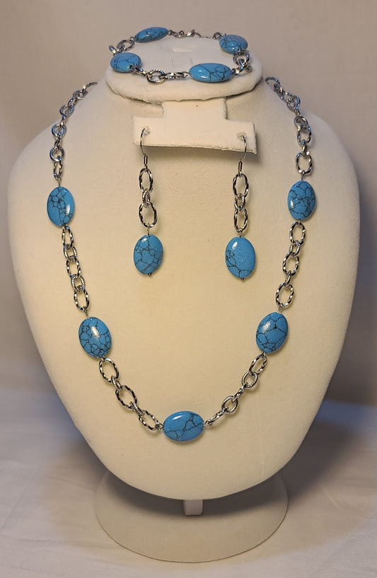 Glacier Blue Wagnerite Jewelry Set (Necklace, Bracelet & Earrings) Stainless Steel Textured Chain