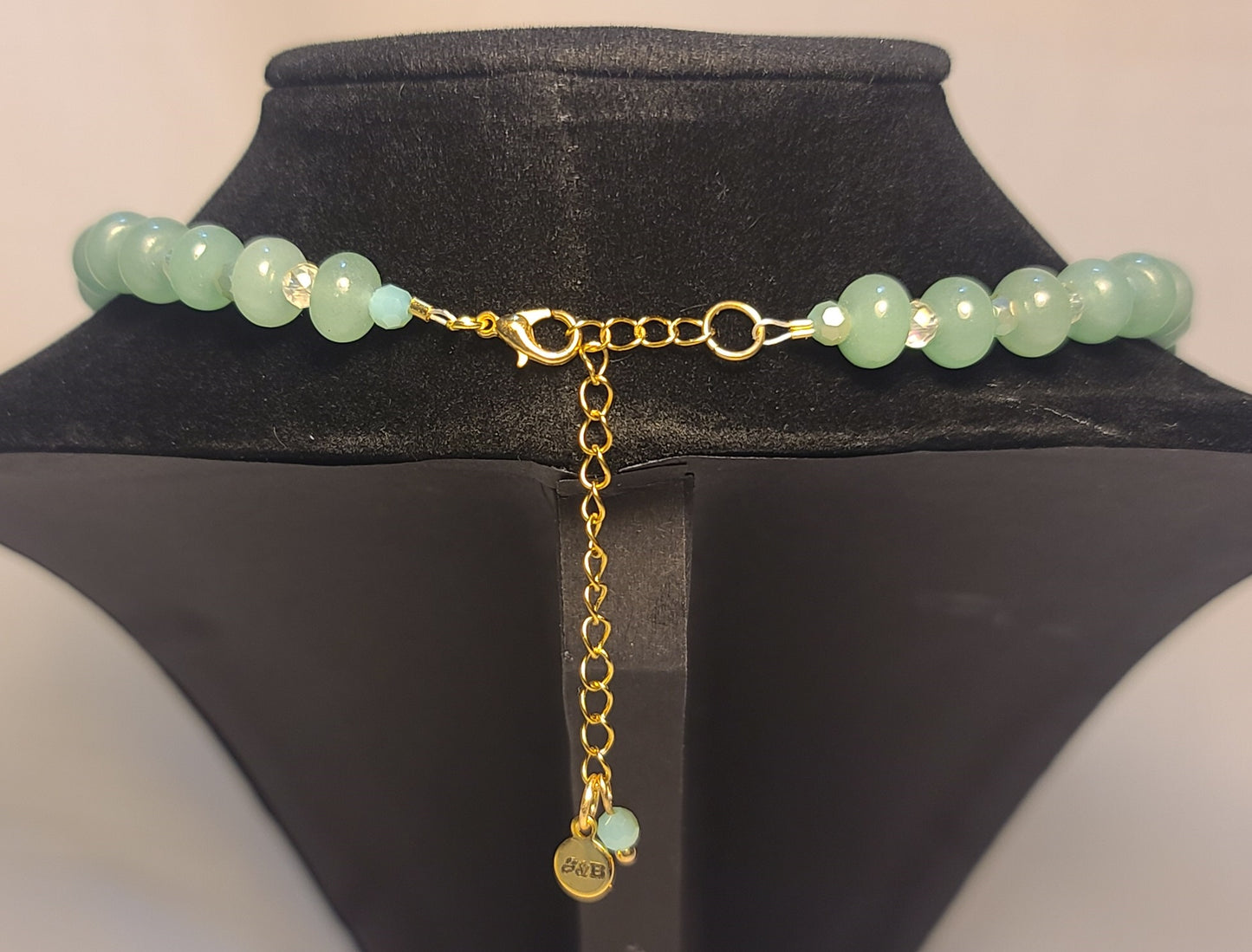 Green Jade & Crystal Necklace with Floral Cabochon