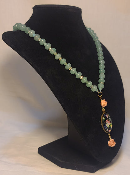 Green Jade & Crystal Necklace with Floral Cabochon