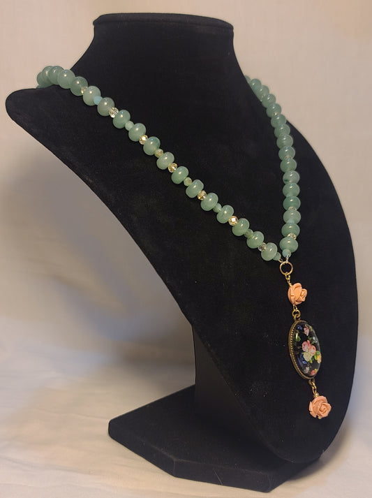 Green Jade & Crystal Necklace with Floral Cabochon