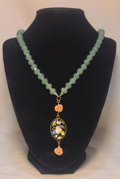 Green Jade & Crystal Necklace with Floral Cabochon