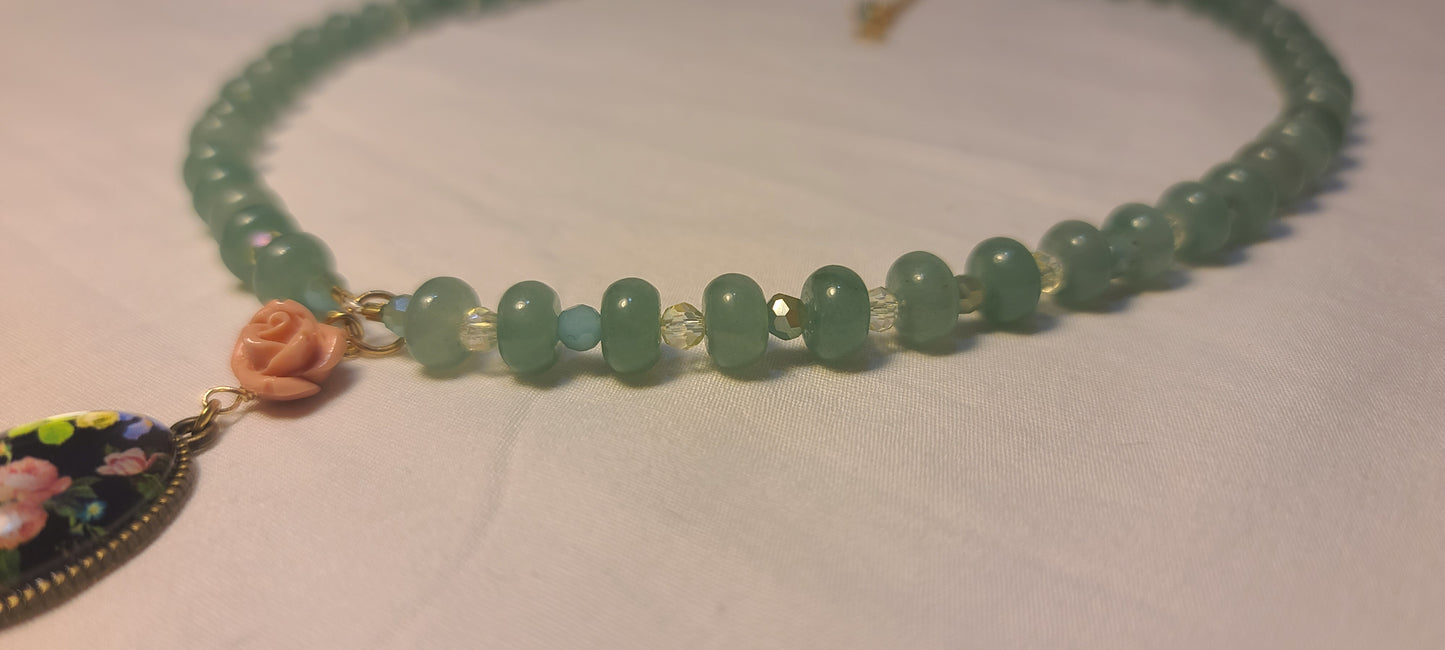 Green Jade & Crystal Necklace with Floral Cabochon