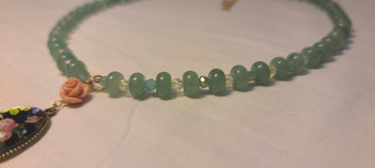 Green Jade & Crystal Necklace with Floral Cabochon